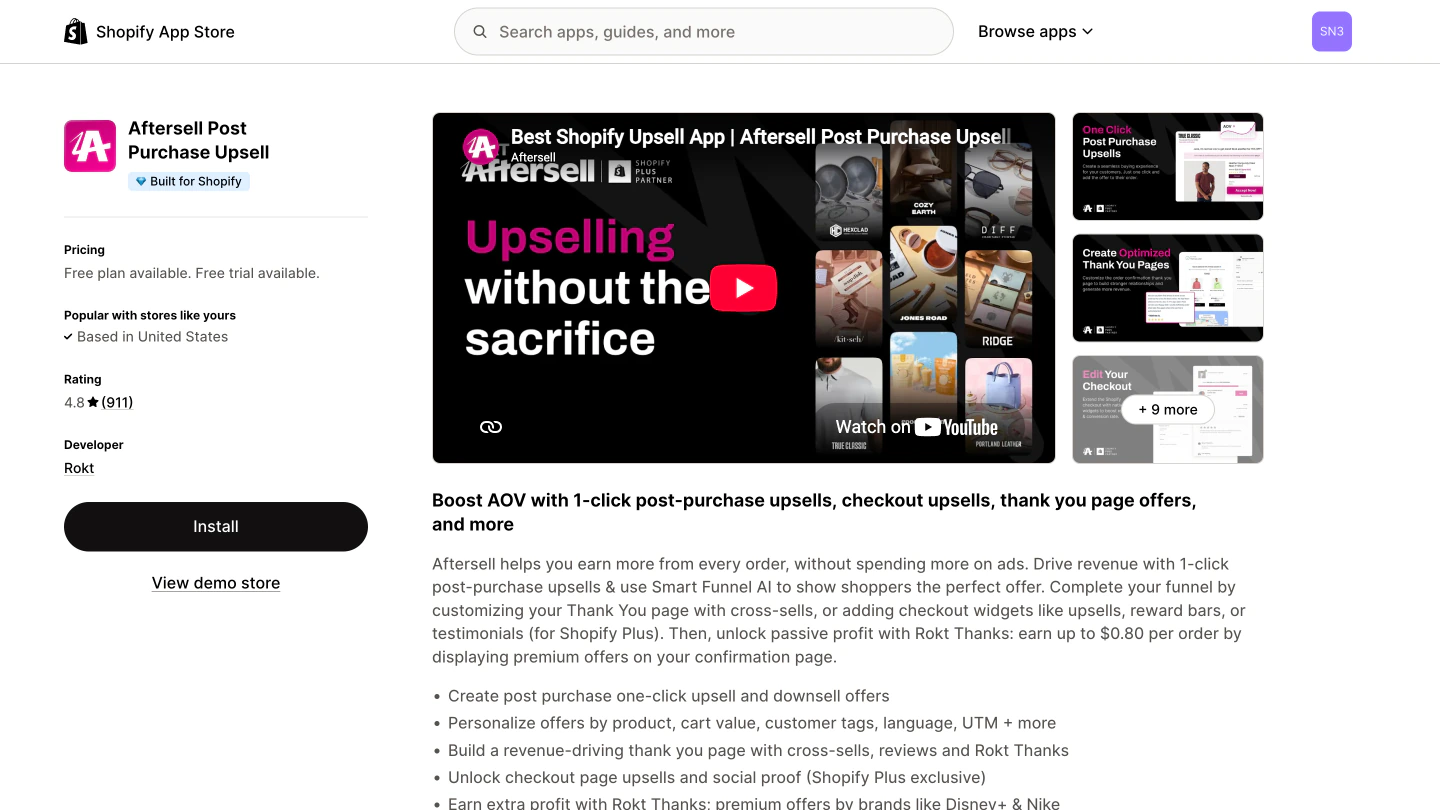 The Aftersell Post Purchase Upsell listing on the Shopify App Store by Rokt, Built for Shopify, rated 4.8 from 911 reviews.