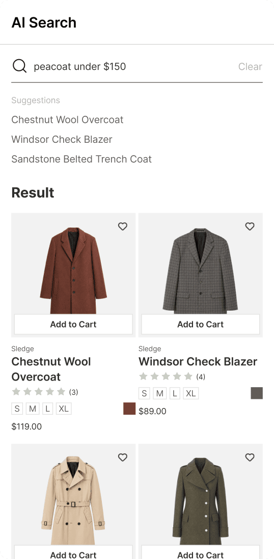 A mobile AI Search panel where the query peacoat under $150 returns product cards with ratings, size swatches, and Add to Cart buttons.