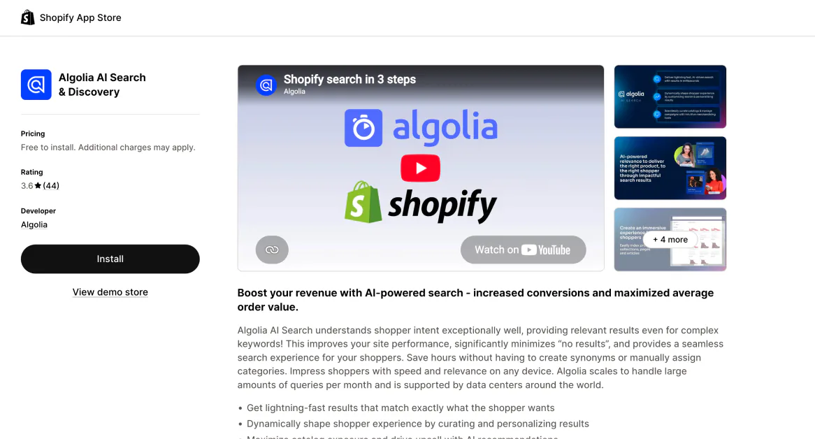 The Algolia AI Search and Discovery listing on the Shopify App Store, previewing Algolia's AI search relevance and results screens.