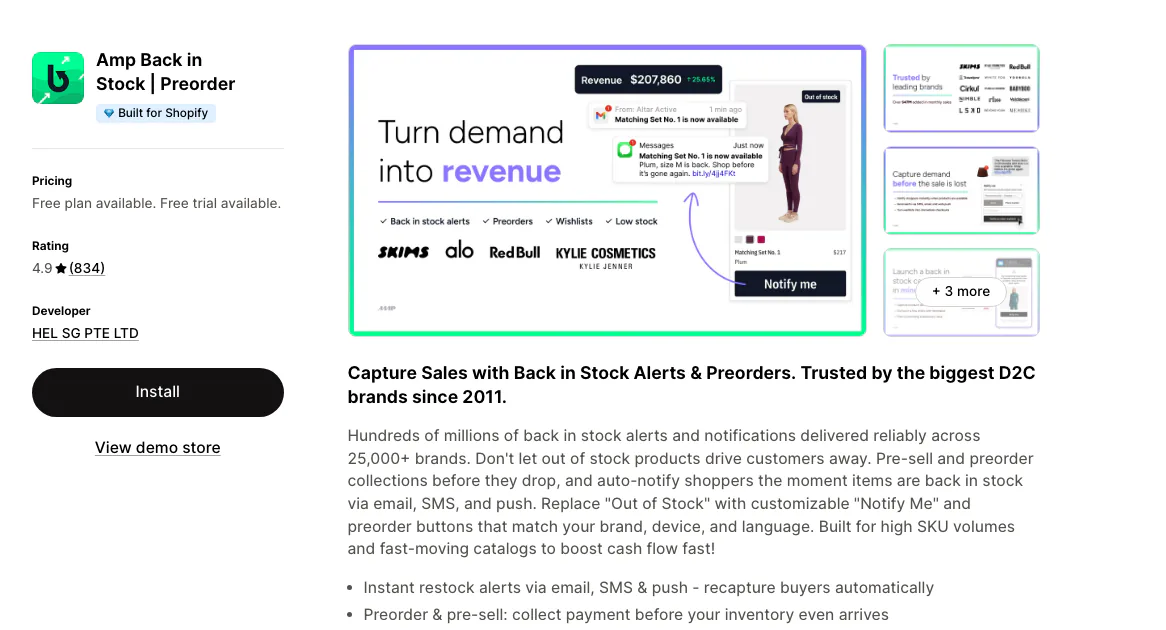 The Amp Back in Stock and Preorder listing on the Shopify App Store, rated 4.9 from 834 reviews, Built for Shopify, with a free plan.