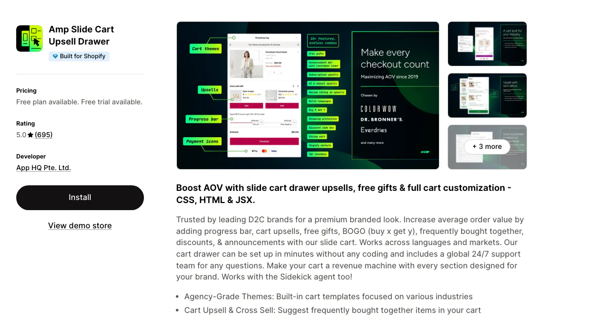 The Amp Slide Cart Upsell Drawer listing on the Shopify App Store by App HQ, Built for Shopify, rated 5.0 from 695 reviews with a free plan available.