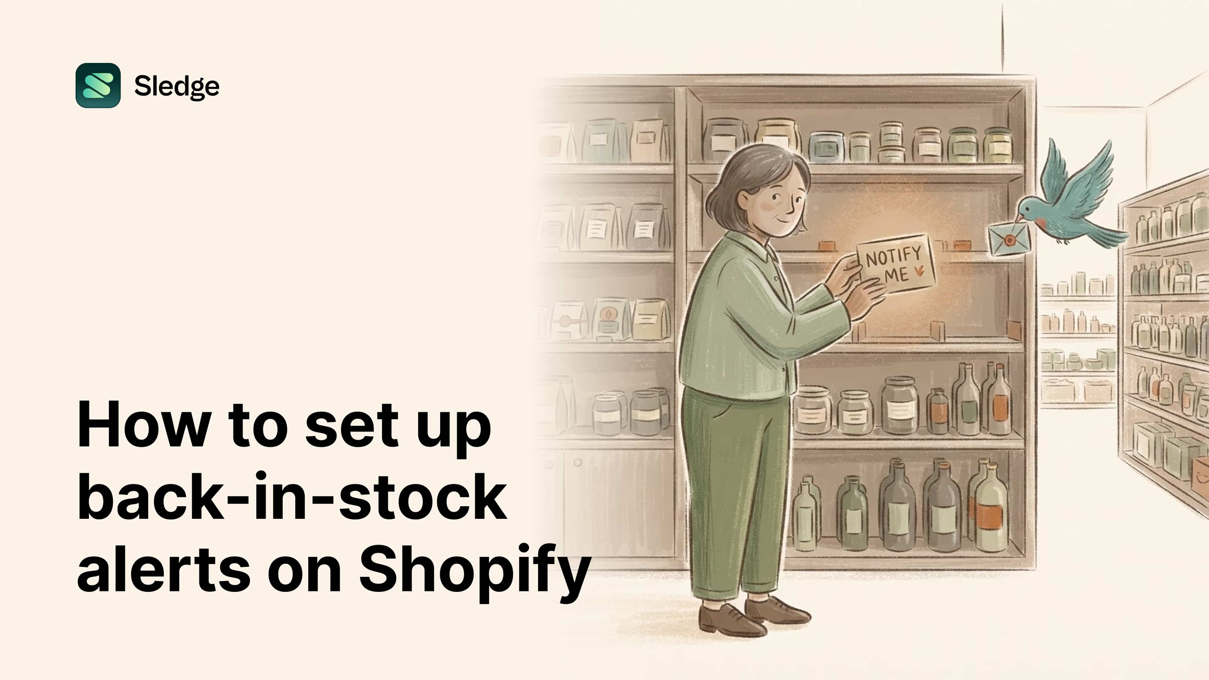 Illustration of a shopkeeper pinning a notify me card in an empty shelf gap while a bird carries off an envelope.