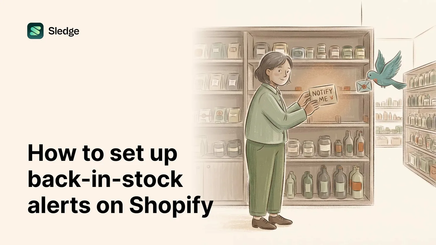 Illustration of a shopkeeper pinning a notify me card in an empty shelf gap while a bird carries off an envelope.