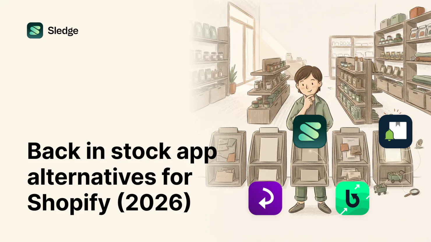 A shop owner stands among empty shelf bins as four restock alert app icons float around them.