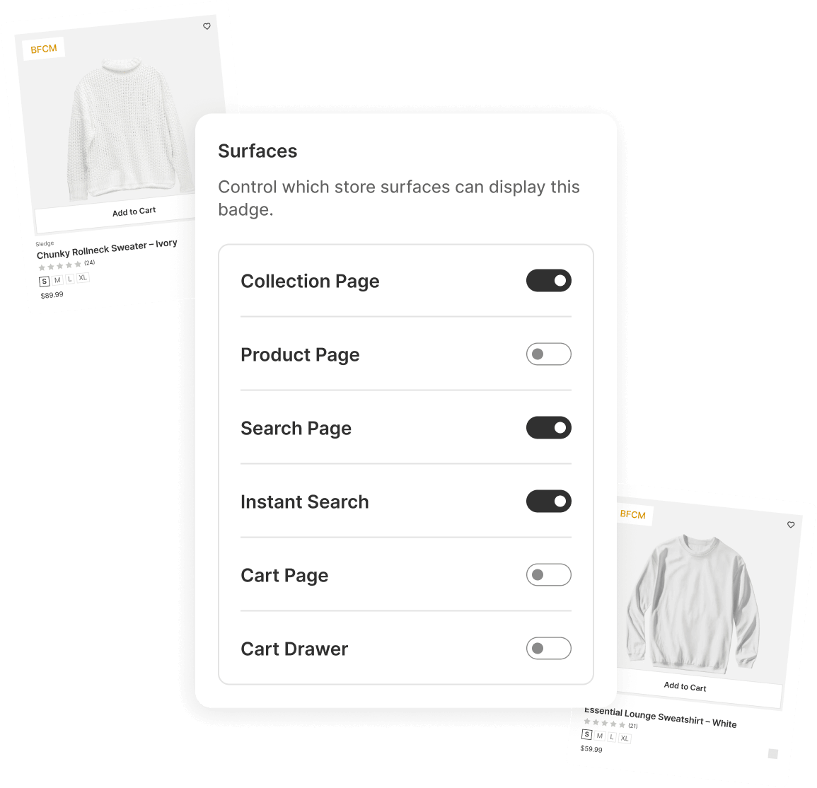 Choosing which Shopify surfaces a badge appears on, with collection page, search page, and instant search switched on.