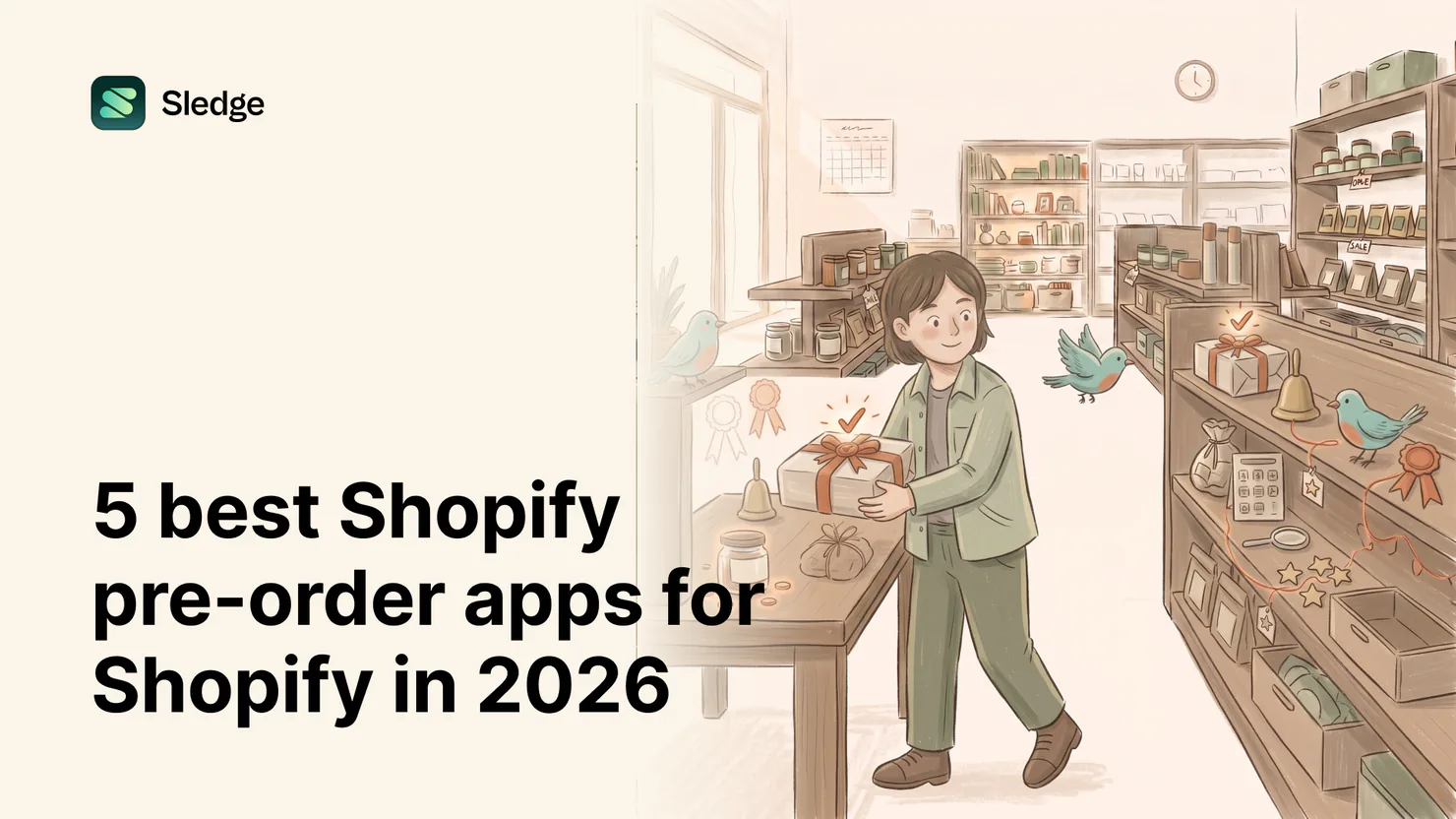 An illustrated Sledge shopkeeper wrapping a gift box at a counter surrounded by shelves and birds, for '5 best Shopify pre-order apps.'