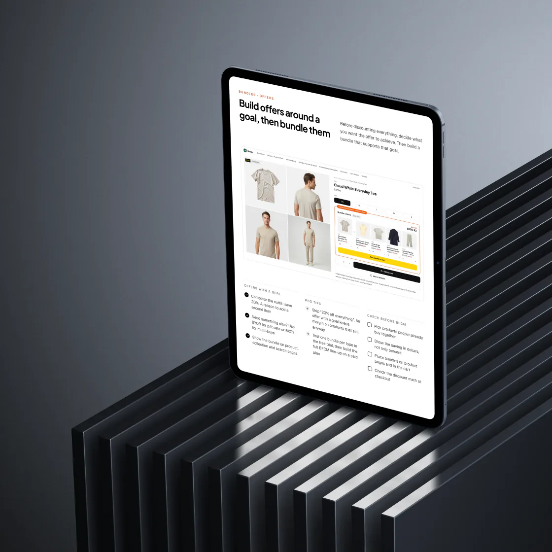 Page 11 of the playbook on a tablet: a tee’s product page with a five-item bundle offer, above tips for building offers around a goal