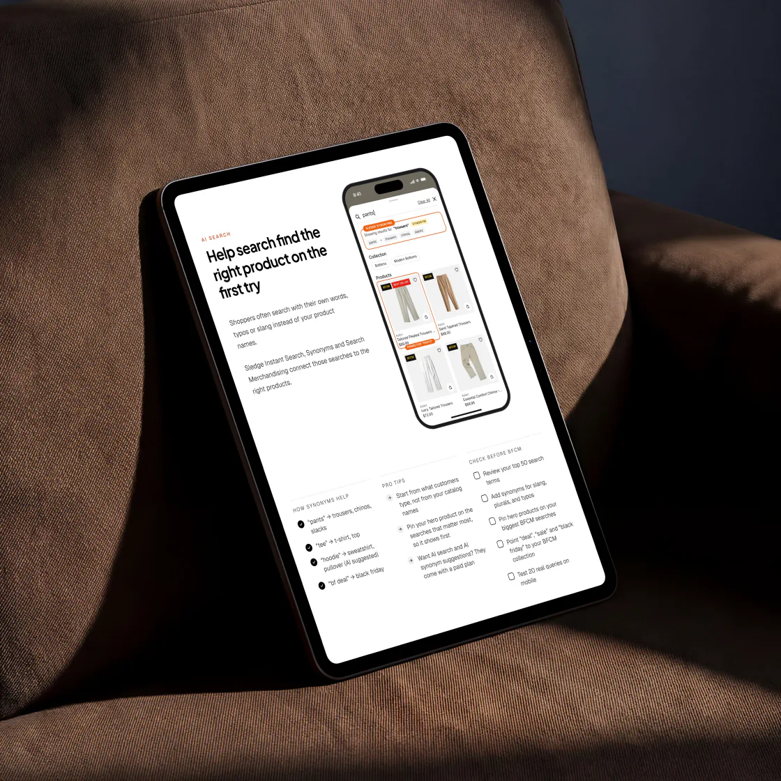 Page 7 of the playbook on a tablet: a phone search for “pants” showing trousers and chinos, next to synonym examples and a BFCM search checklist