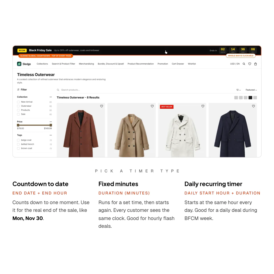 Page 24 of the playbook: a Black Friday countdown bar above a store’s header, and the three timer types