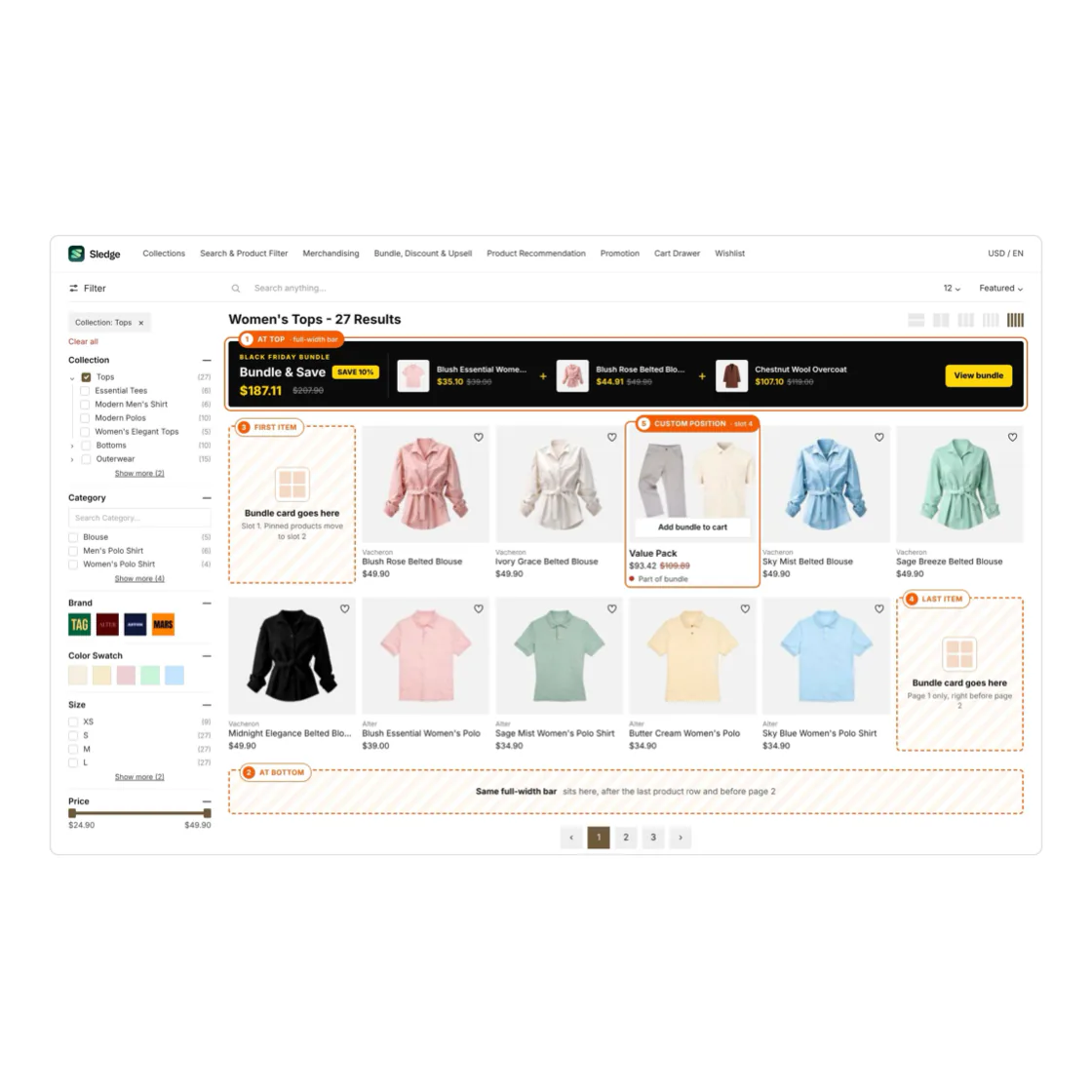 Page 14 of the playbook: a collection page with a bundle bar at the top, one bundle card in the product grid and marked spots for more