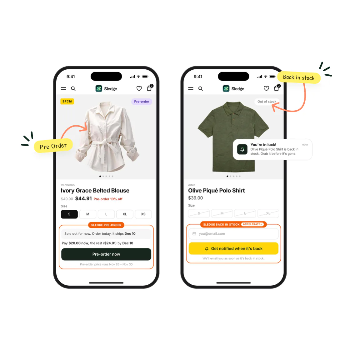Page 13 of the playbook: two phones, one with a pre-order button and a partial payment, one with a back in stock email form