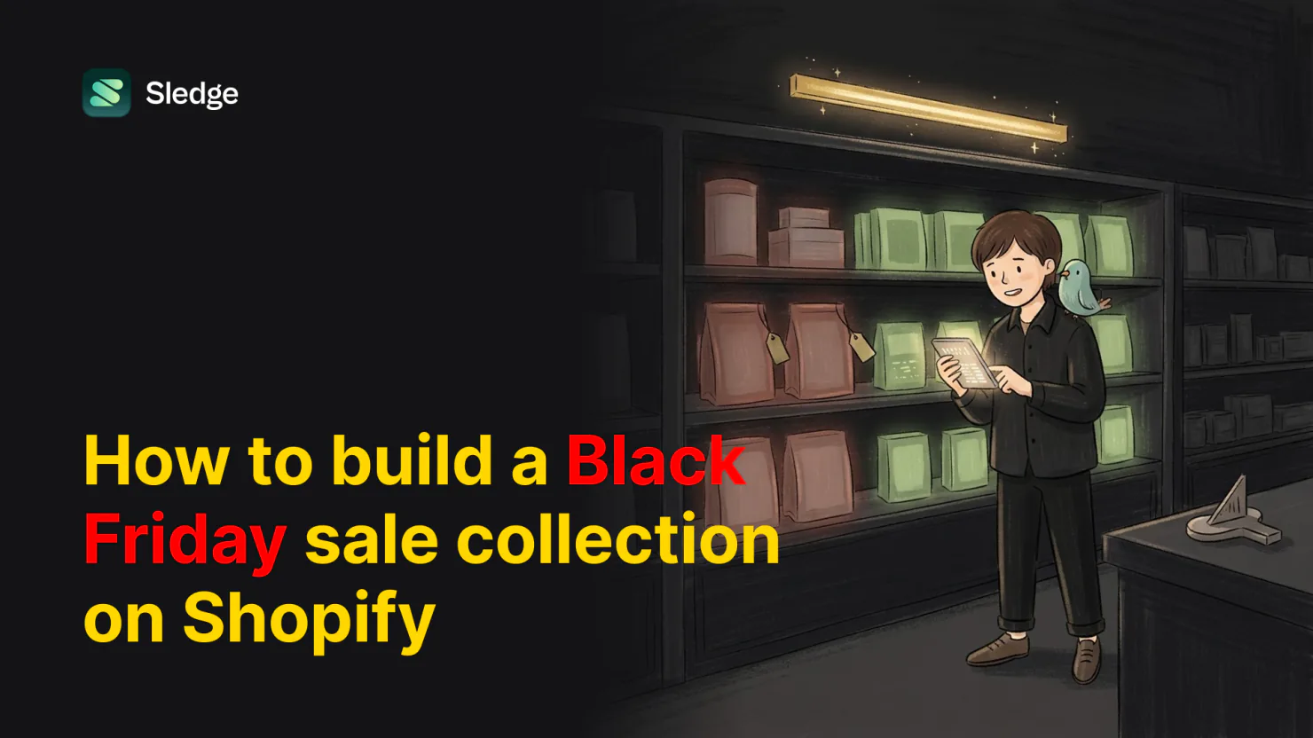 A shopkeeper reads a glowing tablet in a dark stockroom, a teal bird on their shoulder, one lit shelf bay above rows of pouches left in shadow.