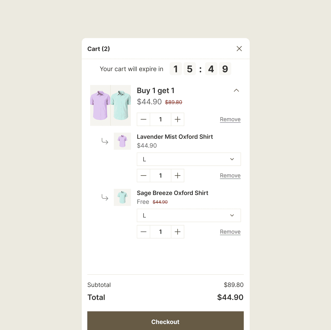 A Shopify cart drawer where the buy one get one reward lands at zero dollars without the shopper hunting for it.