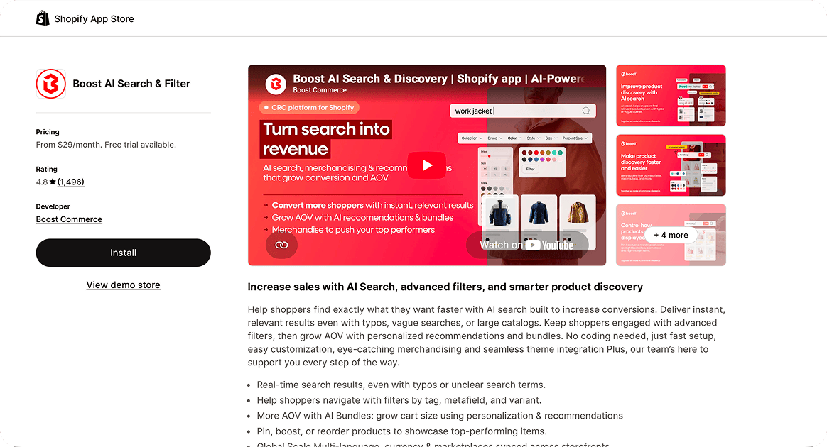 The Boost AI Search and Filter listing on the Shopify App Store, rated 4.8 from 1,496 reviews starting at $29 a month.
