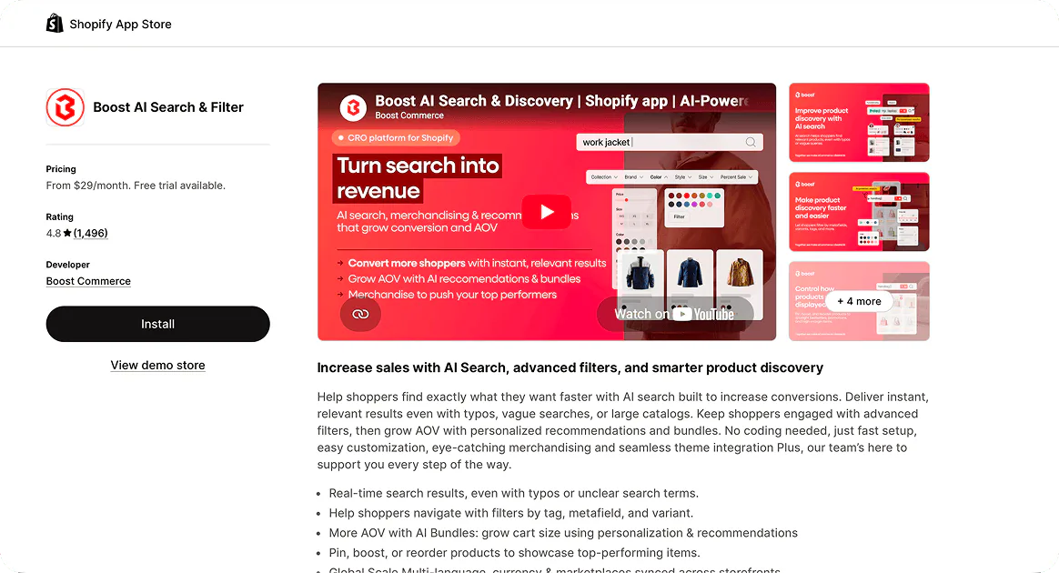 The Boost AI Search and Filter listing on the Shopify App Store, starting at $29 a month.