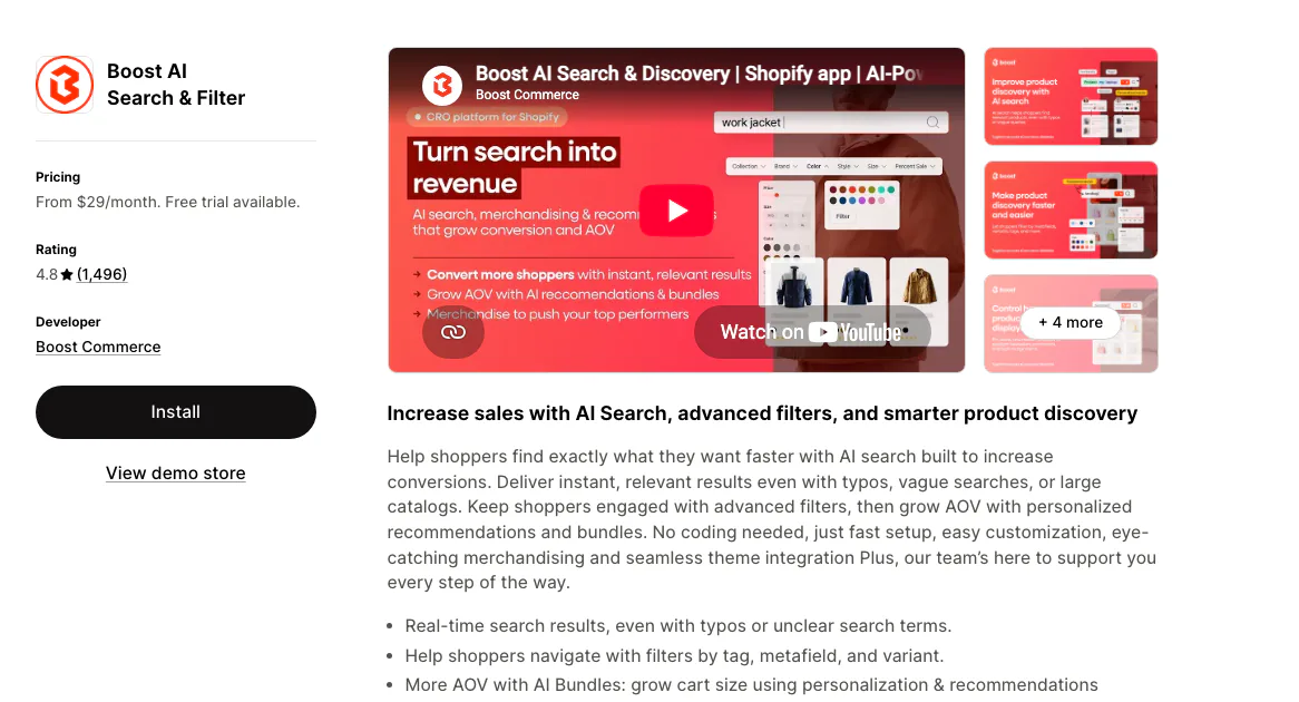 The Boost AI Search and Filter listing on the Shopify App Store by Boost Commerce, rated 4.8 from 1,496 reviews with a free trial.