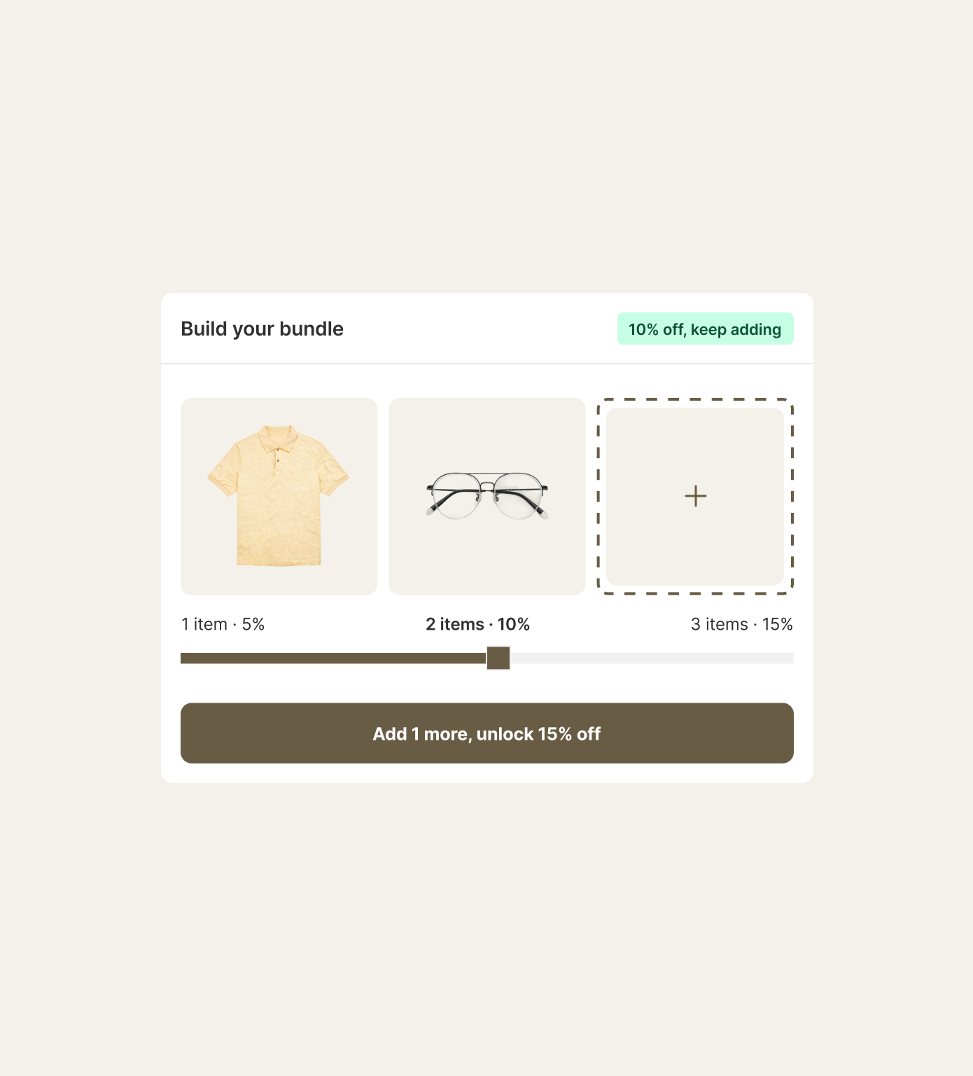 A Shopify build-your-own-bundle builder page where the discount grows as the shopper fills the box.