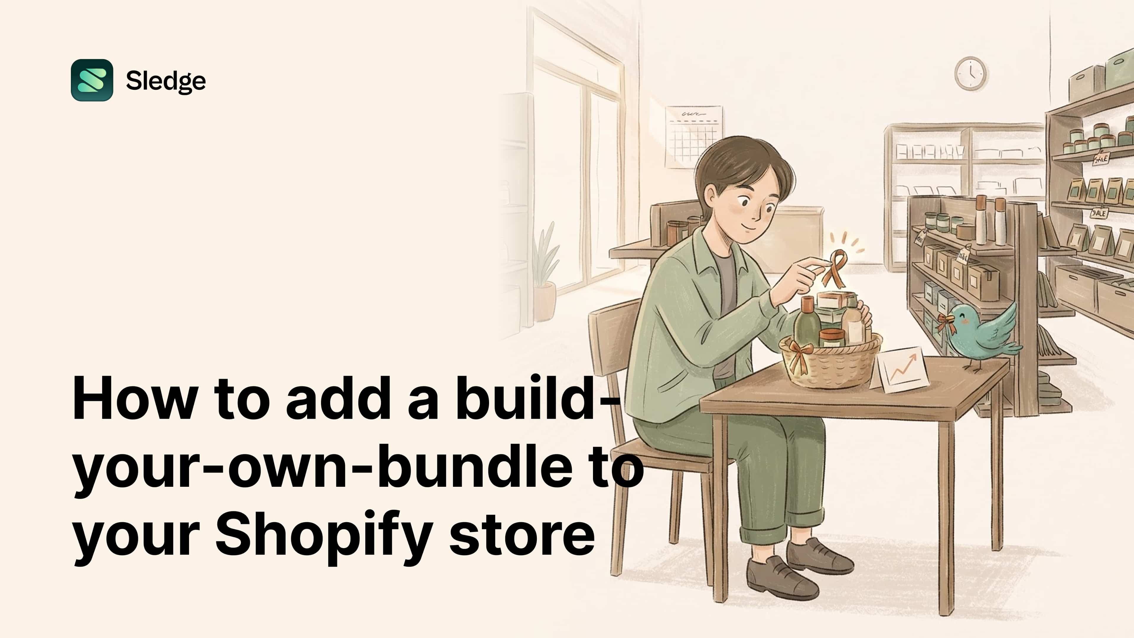 Seated shopkeeper packing a gift basket of products with a bow, a teal bird tugging ribbon beside a growth card.