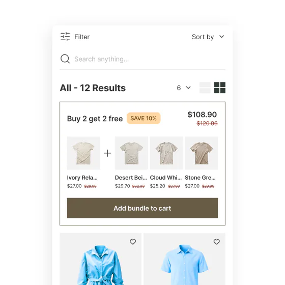 A collection results page with a Buy 2 get 2 free bundle card placed above the product grid.