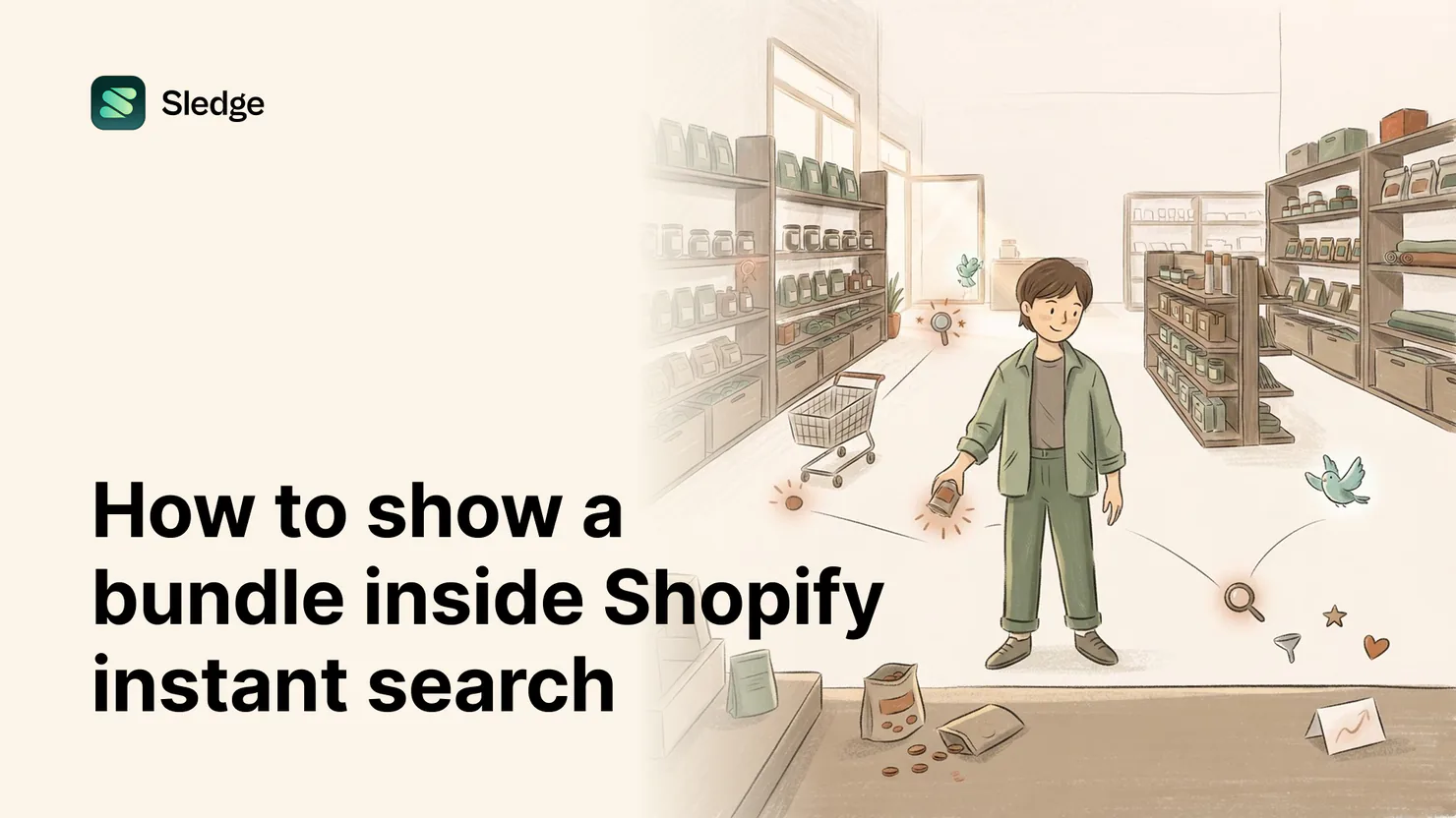 A shopkeeper follows a teal bird toward a glowing search icon in an aisle scattered with dropped coins and a growth chart.