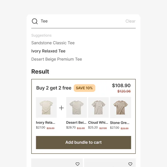 An instant search overlay for 'Tee' showing a Buy 2 get 2 free bundle card with four shirts and an Add bundle to cart button.