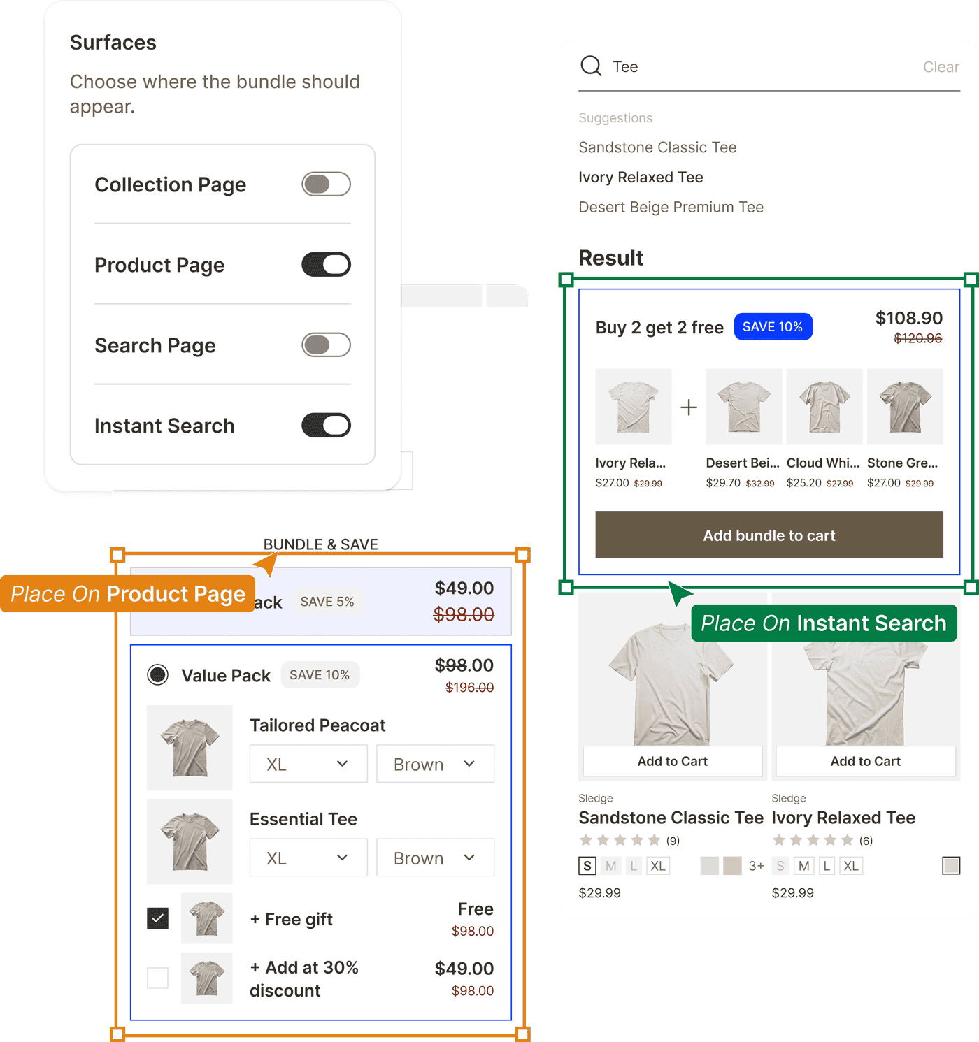 One Shopify bundle offer shown on both the product page and instant search from a single setup.