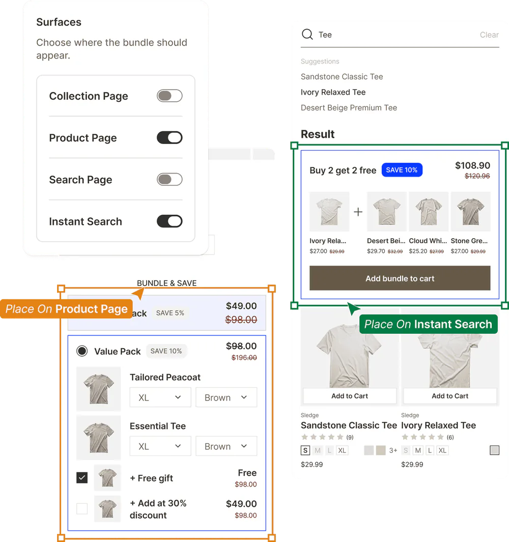 One Shopify bundle offer shown on both the product page and instant search from a single setup.