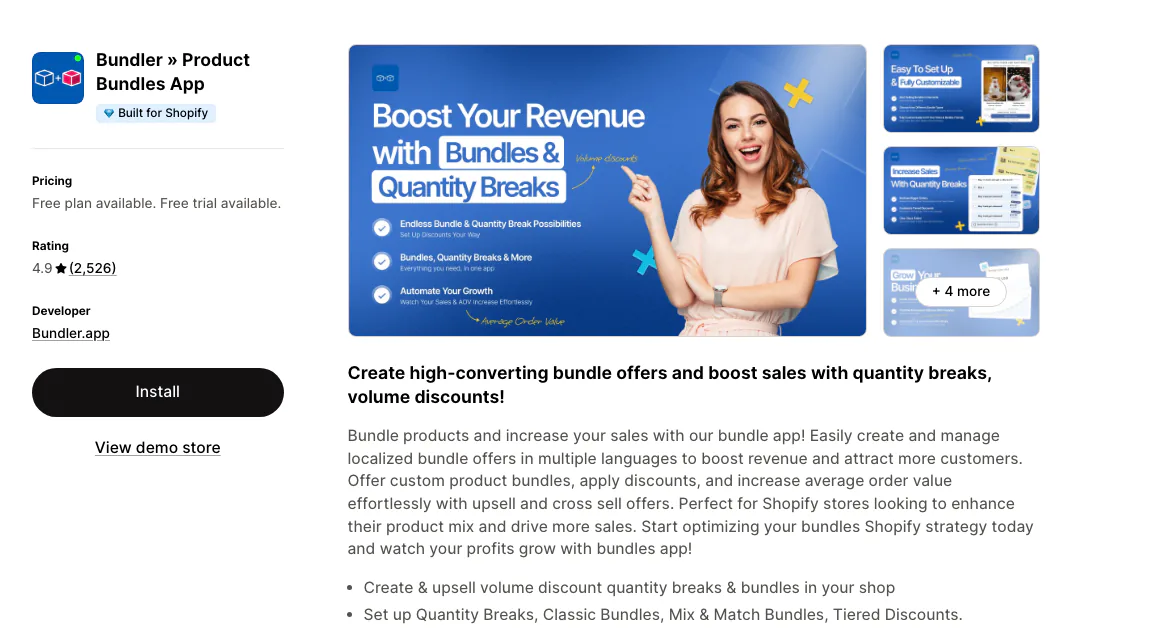 The Bundler Product Bundles App listing on the Shopify App Store, rated 4.9 from 2,526 reviews, Built for Shopify, with a free plan available.