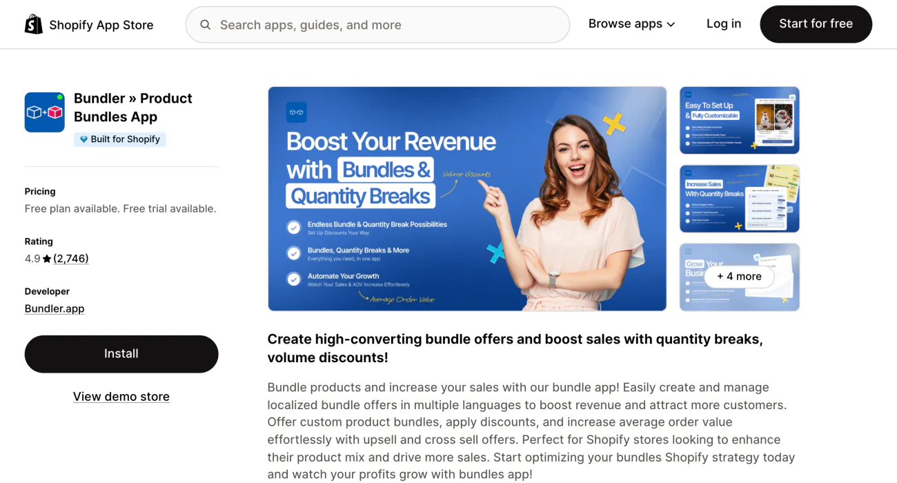 Bundler's page on the Shopify App Store, with the app summary and a row of screenshots.