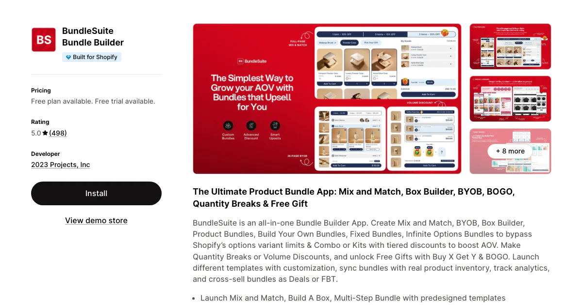 The BundleSuite Bundle Builder listing on the Shopify App Store, Built for Shopify, rated 5.0 from 498 reviews with a free plan and a free trial.