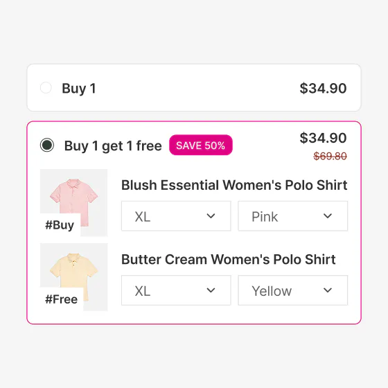 An offer selector with Buy 1 get 1 free chosen over Buy 1, showing a 50 percent saving and two polo shirts, one tagged Buy and one tagged Free.