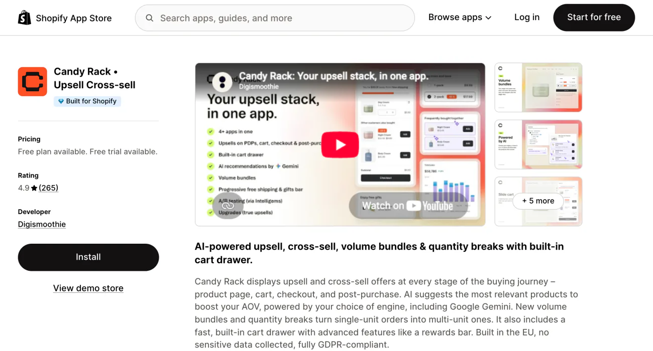 Candy Rack's Shopify App Store listing, showing its summary and screenshots.