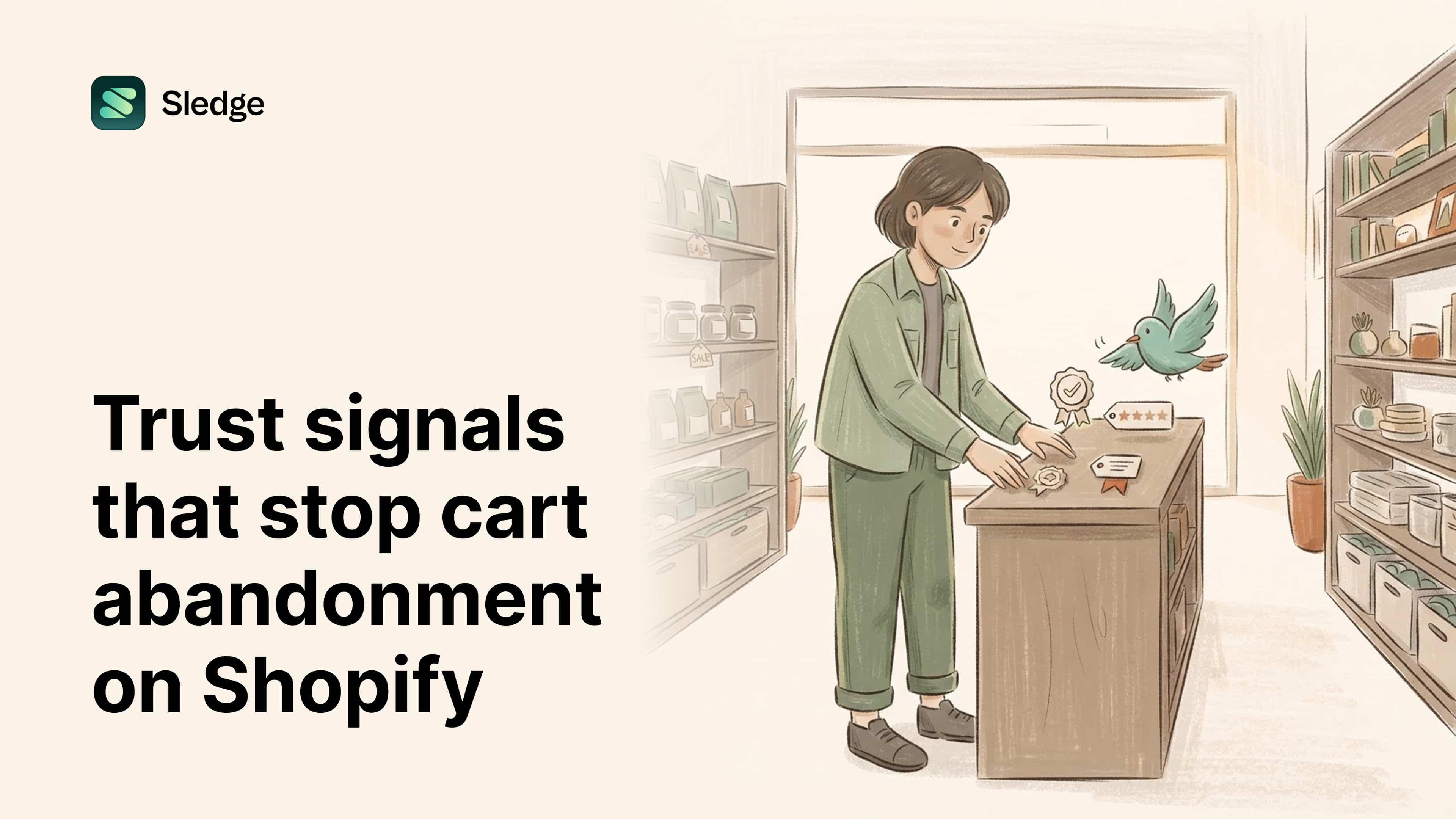 A shopkeeper lays badge medallions and a five star tag on a wooden counter while a teal bird swoops in overhead.