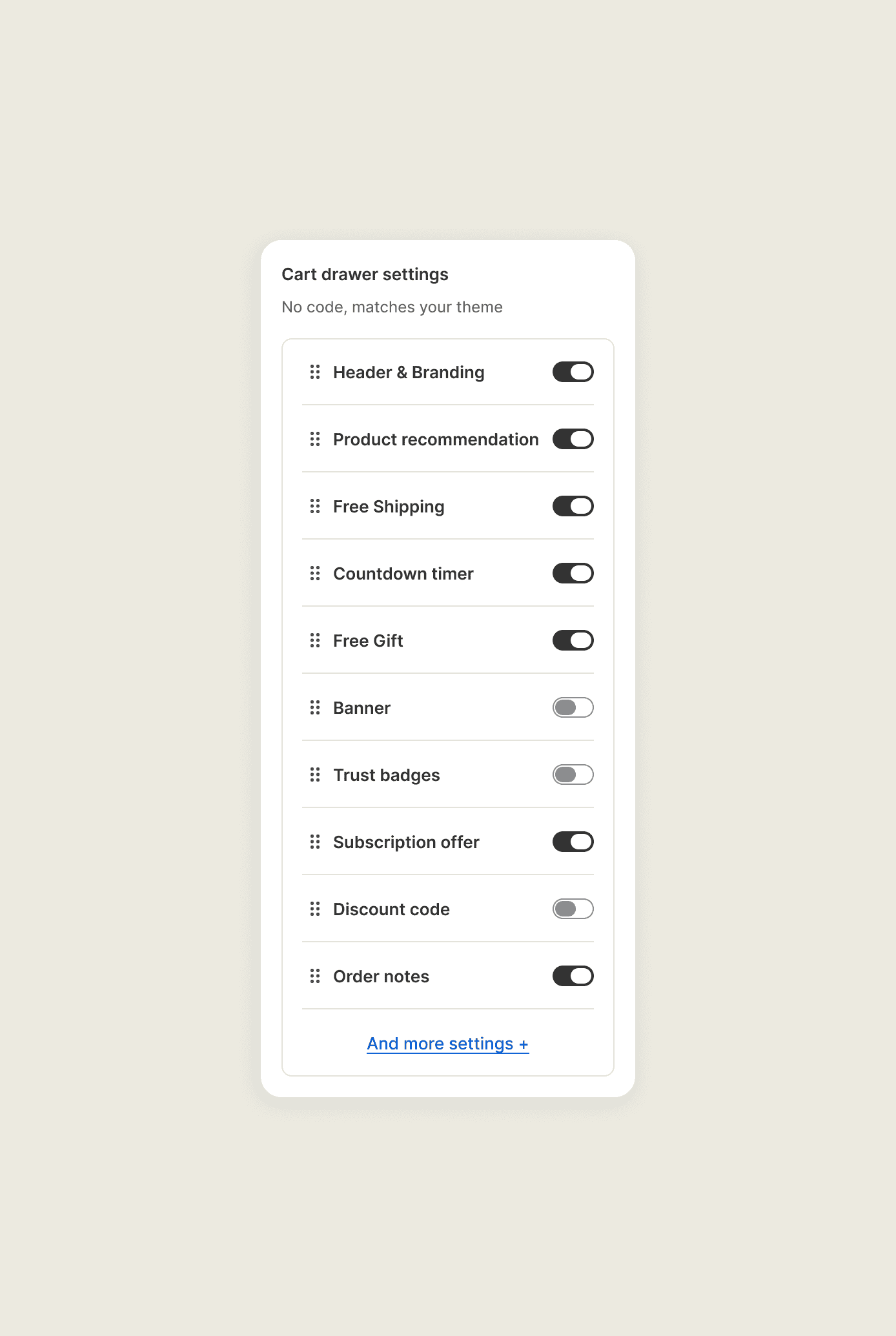 Cart drawer blocks toggled on and off in Sledge: header, recommendations, free shipping, countdown, free gift, and trust badges.