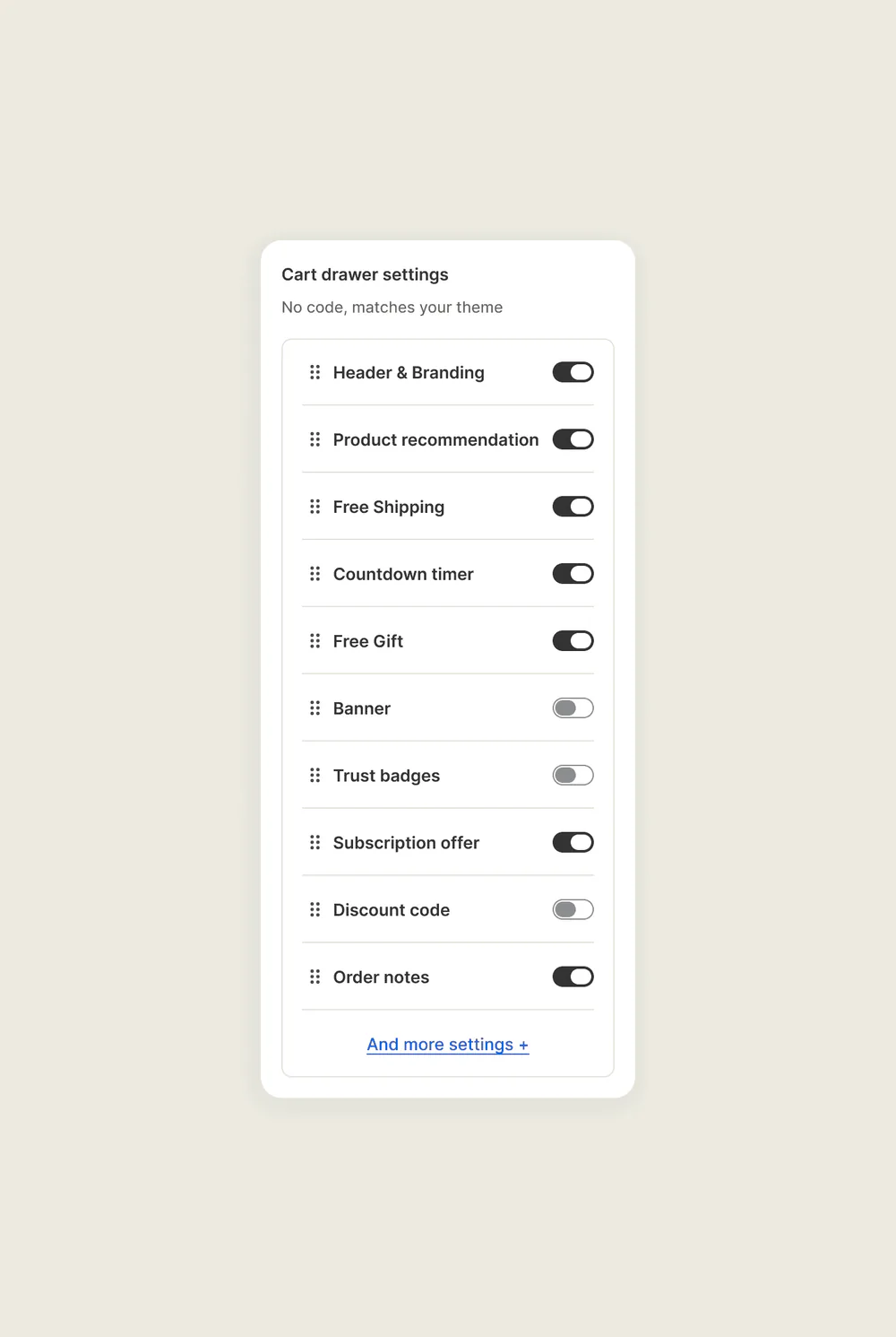 Cart drawer blocks toggled on and off in Sledge: header, recommendations, free shipping, countdown, free gift, and trust badges.
