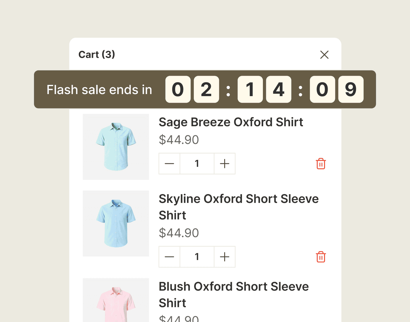 A flash sale countdown running inside a Shopify cart drawer, where the decision actually happens.