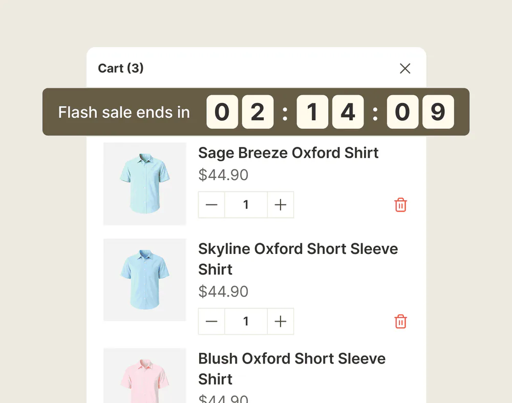A flash sale countdown running inside a Shopify cart drawer, where the decision actually happens.