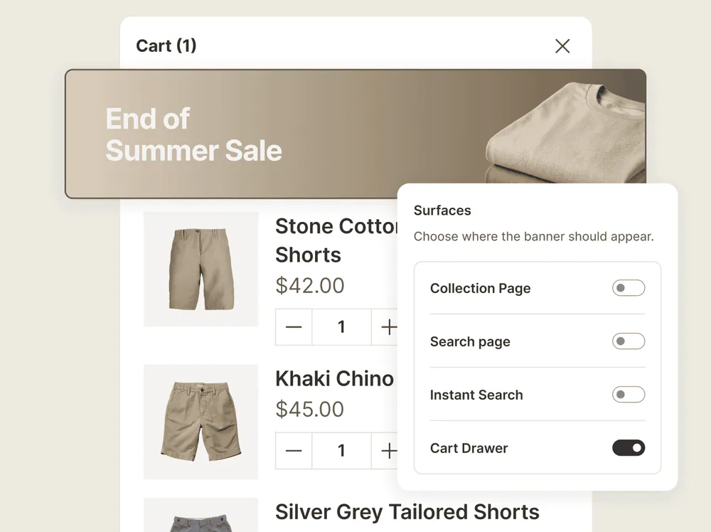 A promotion banner placed inside a Shopify cart drawer, next to the cart timer.