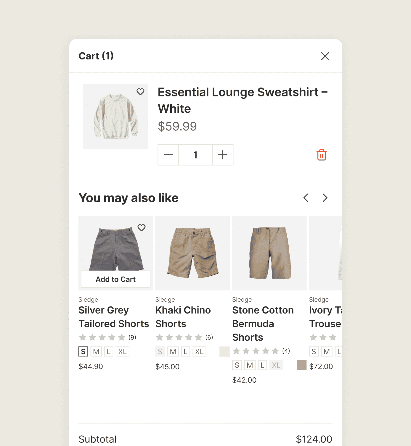 A Shopify cart drawer suggesting shorts that go with the tee already in the cart.
