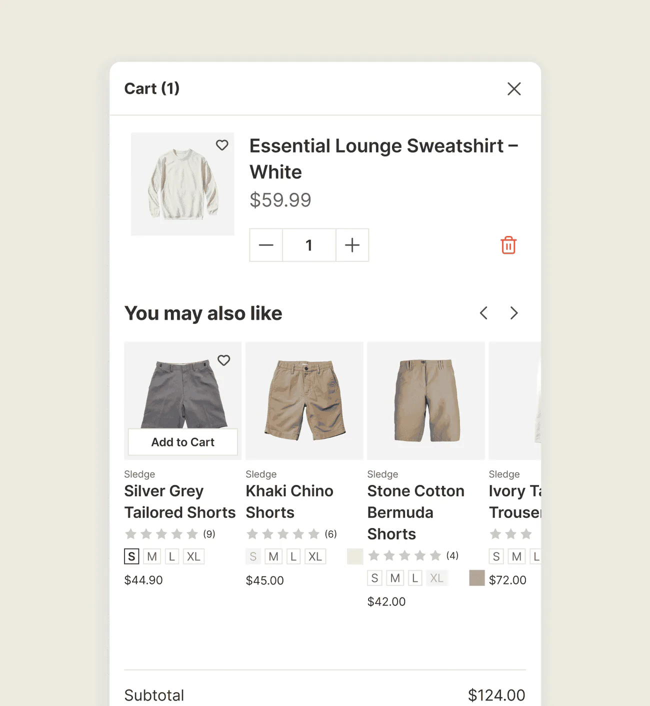 A Shopify cart drawer suggesting shorts that go with the tee already in the cart.