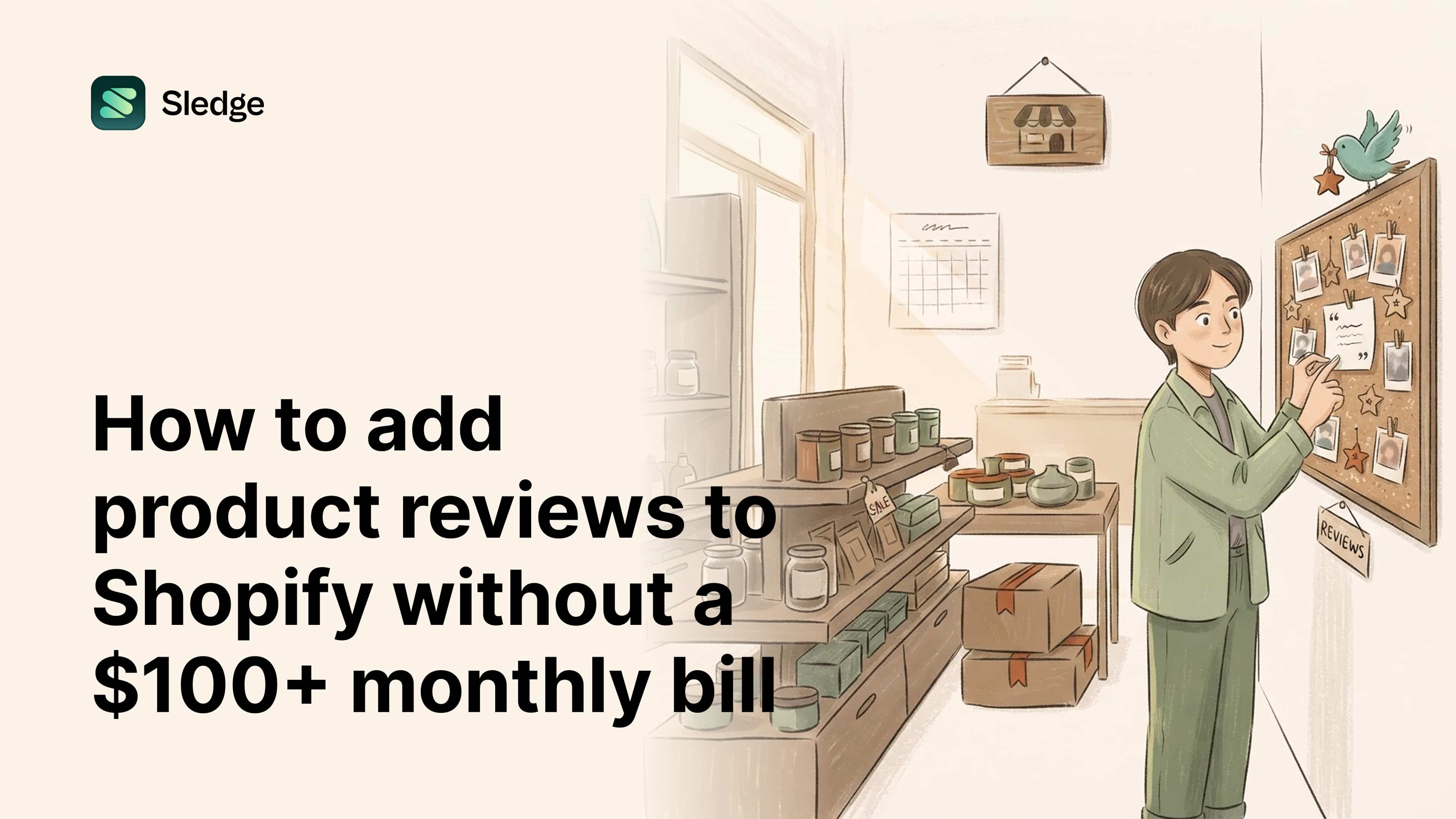 Hand-drawn figure pinning customer photos and a quote note to a corkboard marked Reviews, a bird adding a star.