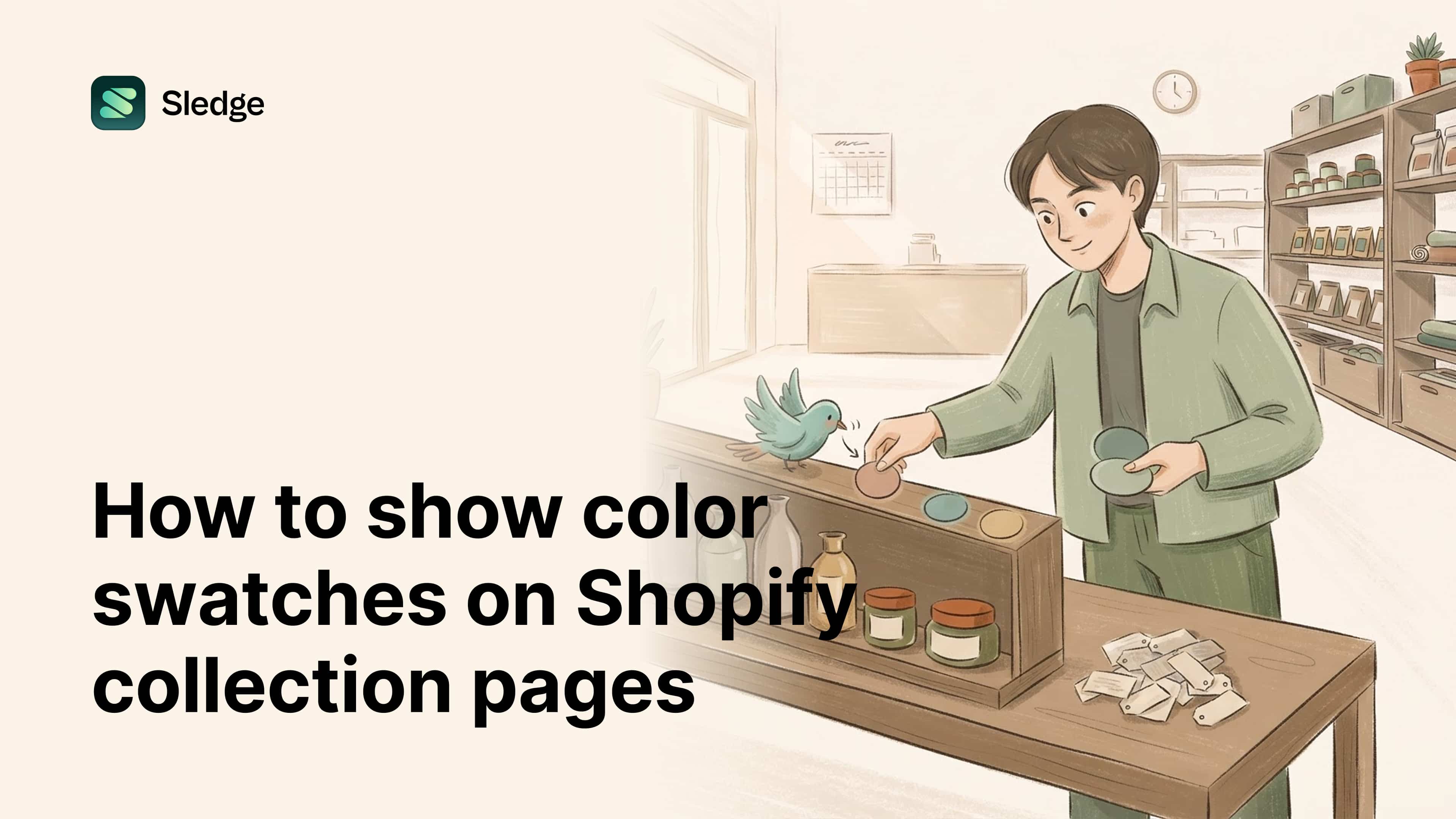 Illustration of round color dots placed along a shelf edge from a handful of swatch discs, a teal bird looking on.