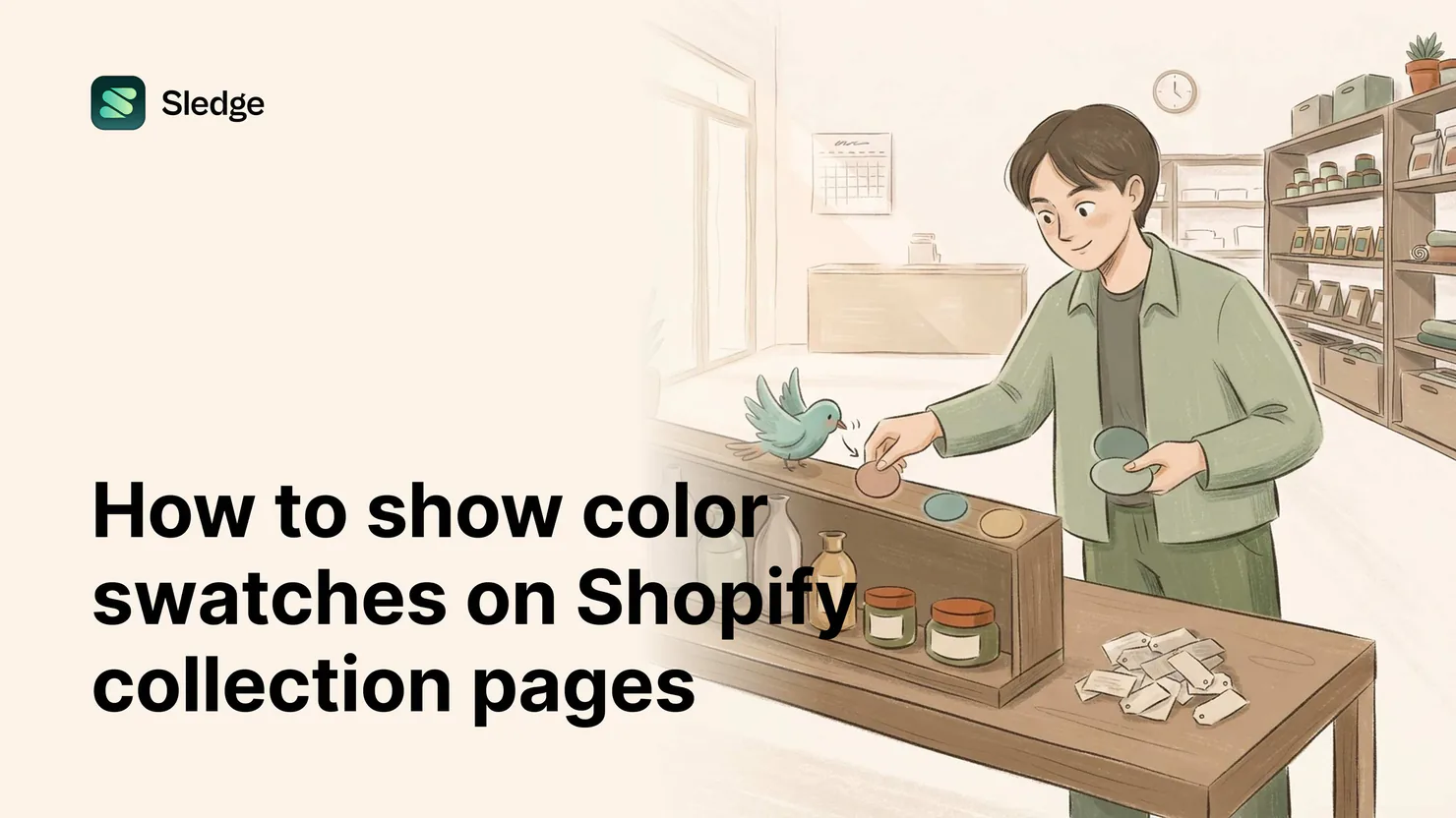 Illustration of round color dots placed along a shelf edge from a handful of swatch discs, a teal bird looking on.