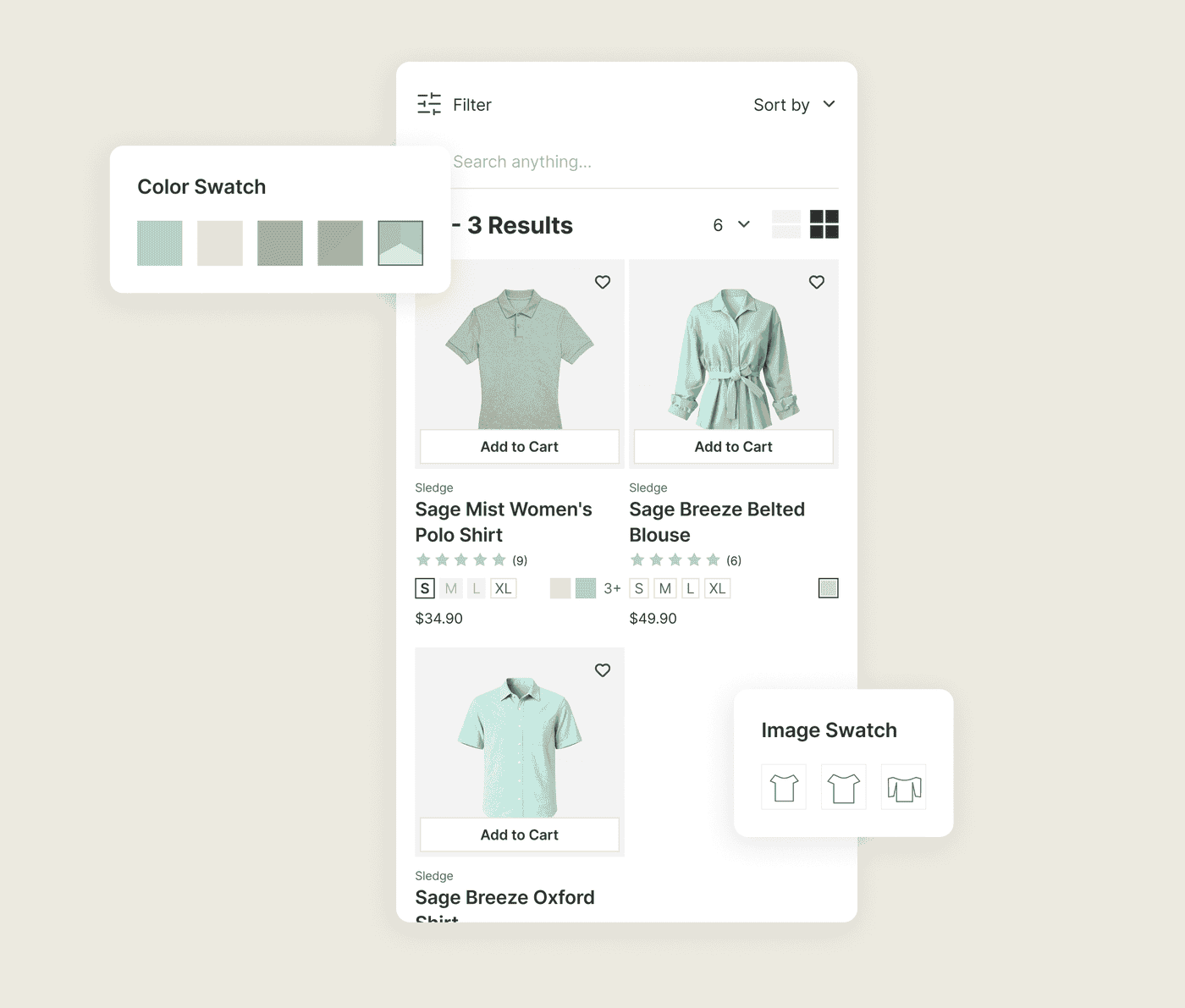 Colour swatch and image swatch filters on a Shopify collection, narrowing results by look instead of by text.