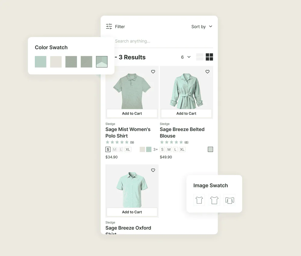 Colour swatch and image swatch filters on a Shopify collection, narrowing results by look instead of by text.