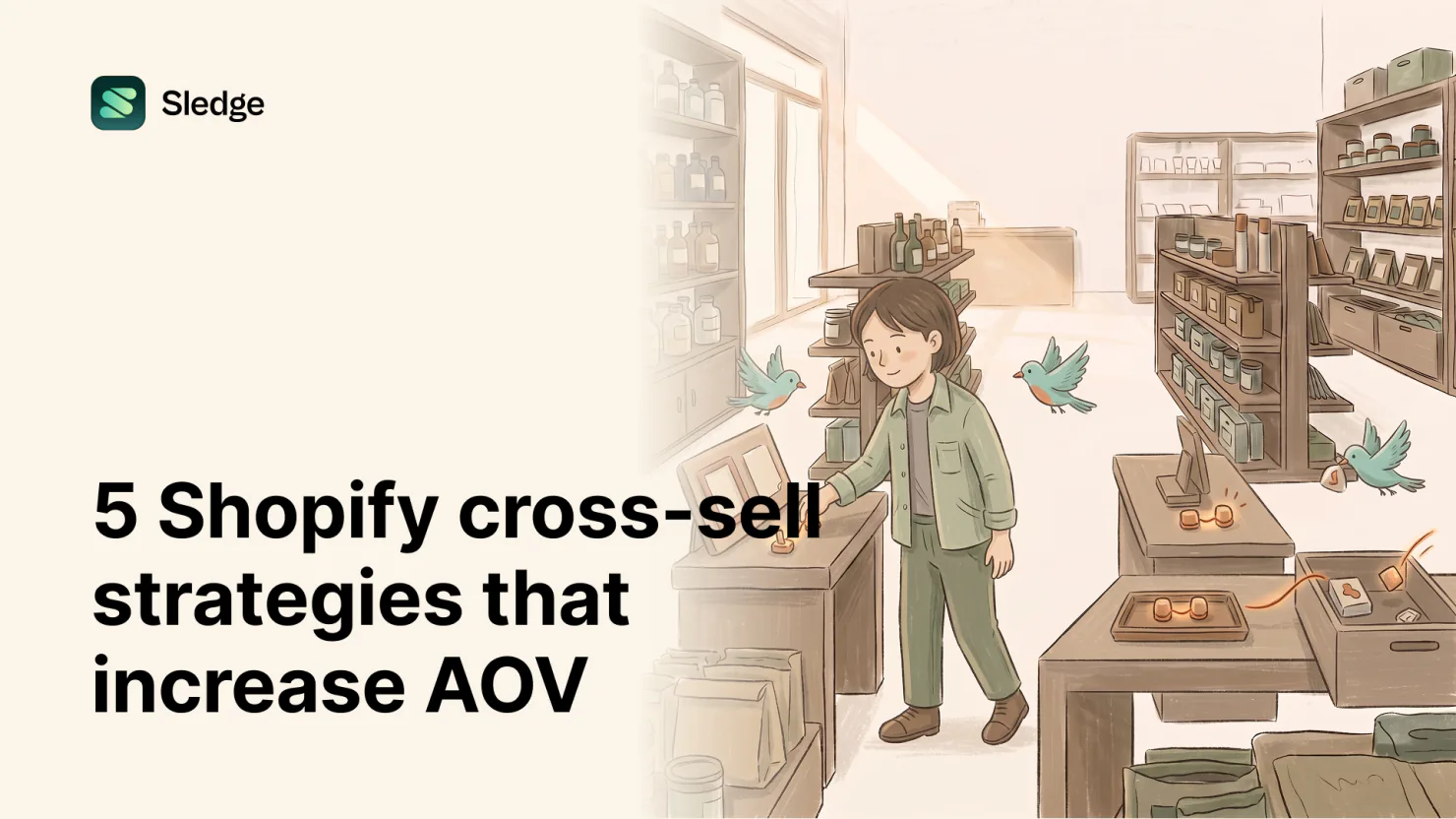 A shopkeeper reaches toward a product display while three teal birds carry small glowing items between tables in the shop.