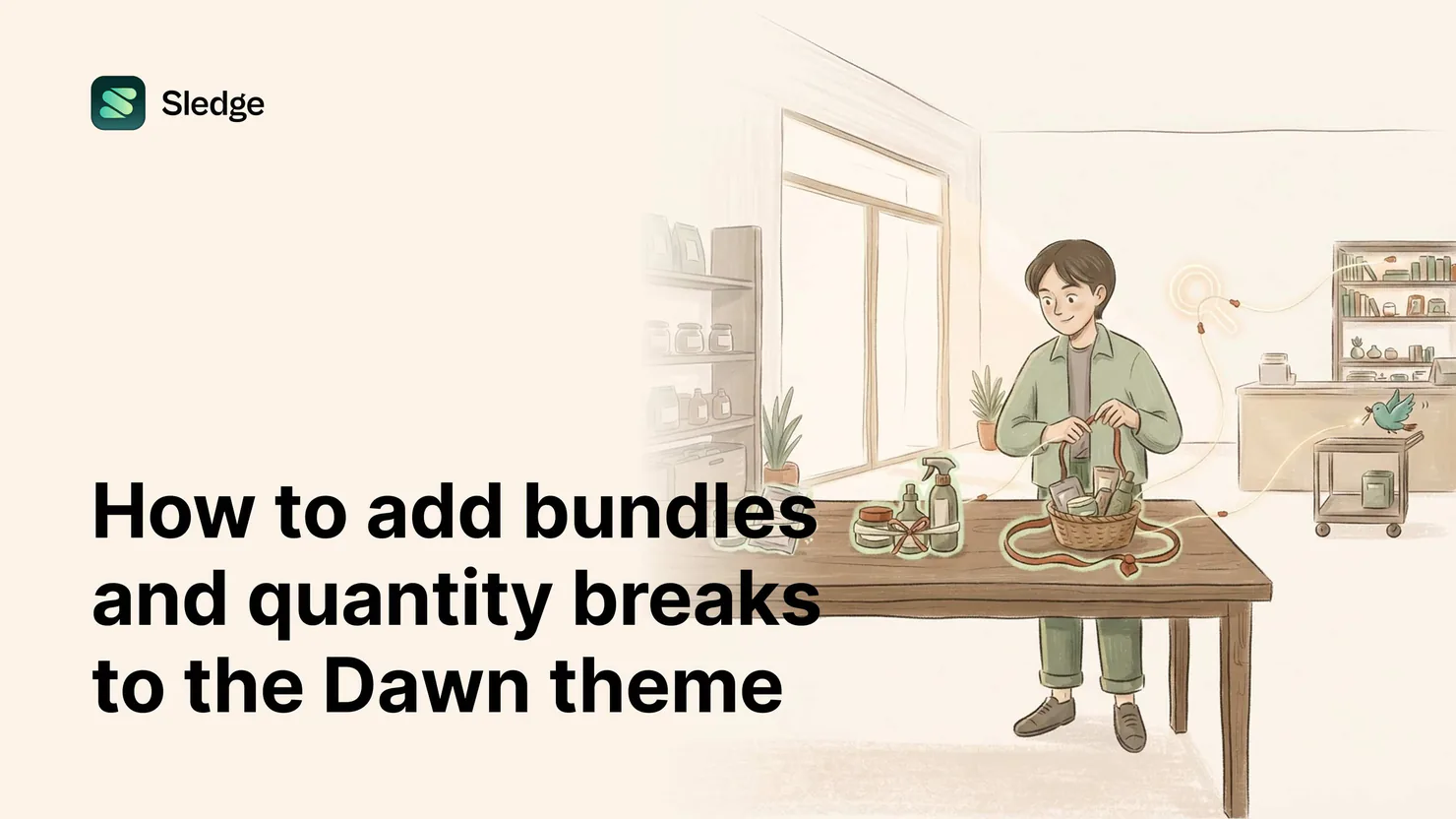 Sketch of a person looping a ribbon around a basket of products, with a second tied set of jars glowing beside it.