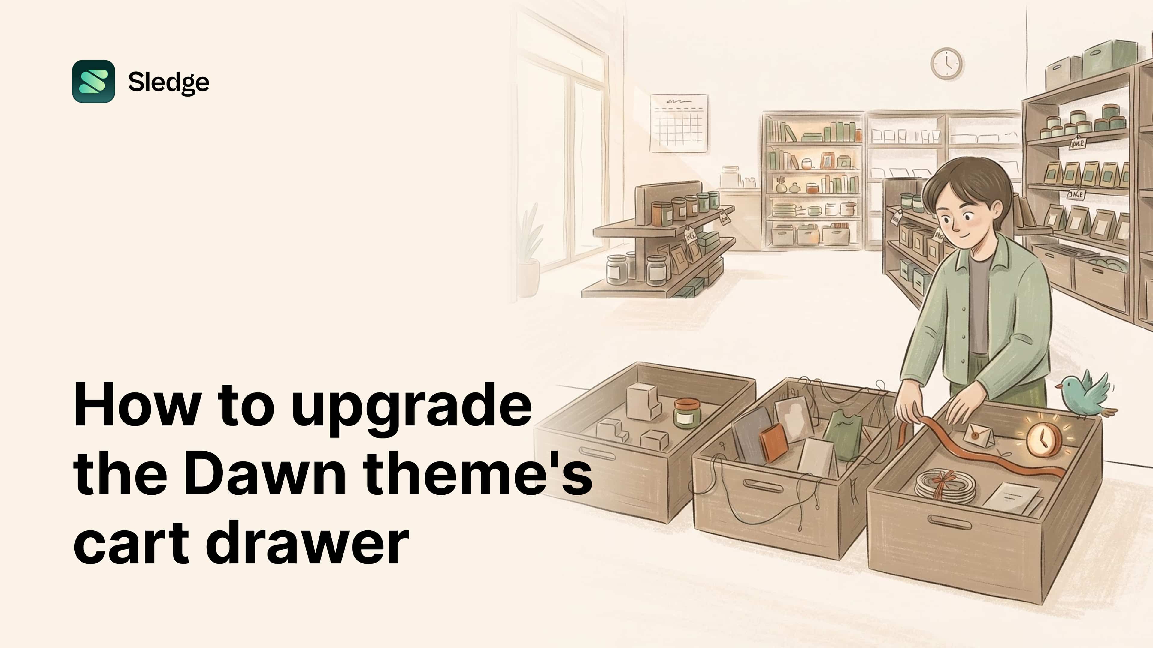 Illustrated shop scene: a person dresses the last of three wooden drawers with a ribbon, a glowing clock, and a parcel.