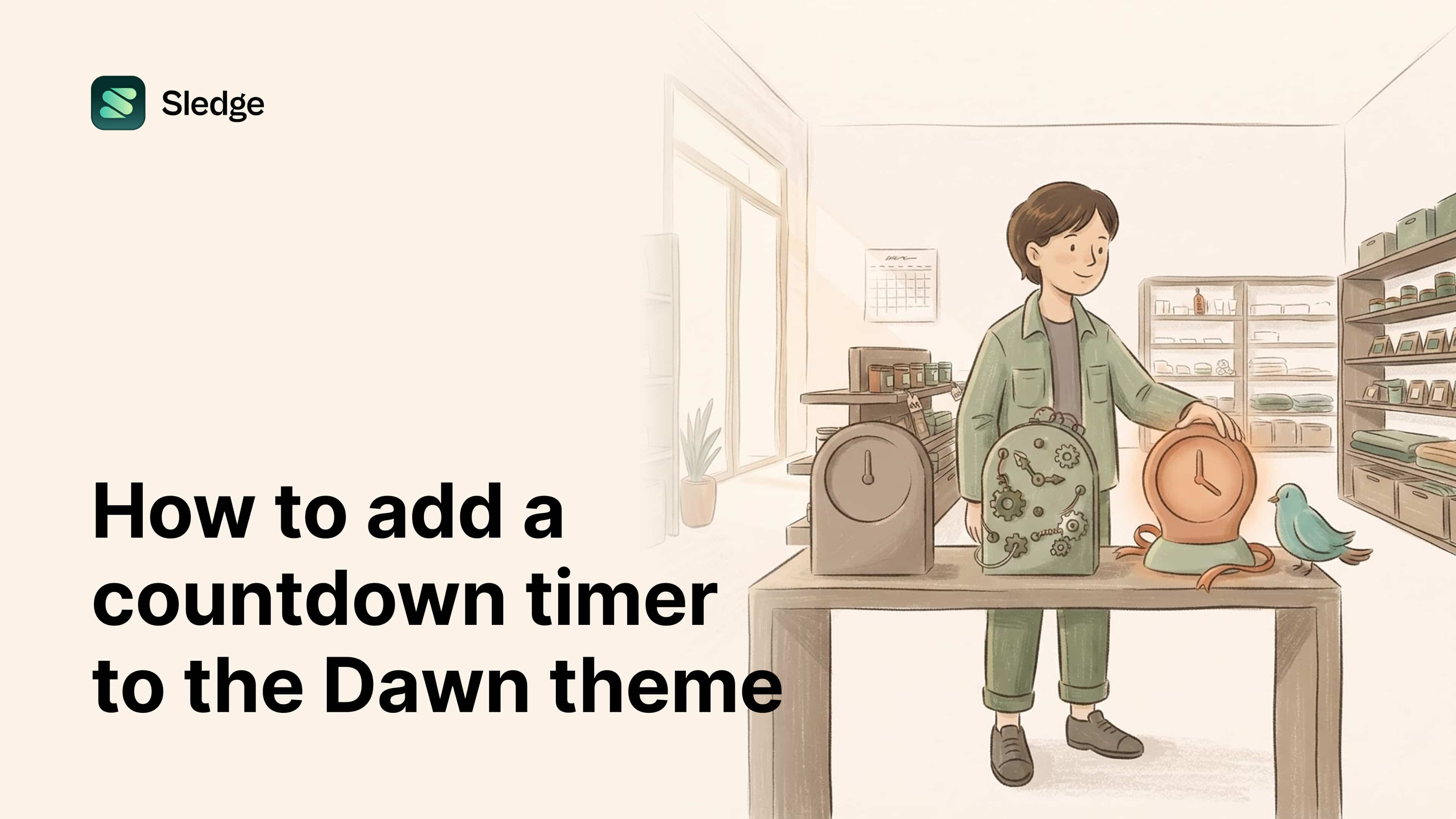 A figure sizes up three table clocks, one plain, one covered in gears, one glowing with a ribbon, a bird watching.