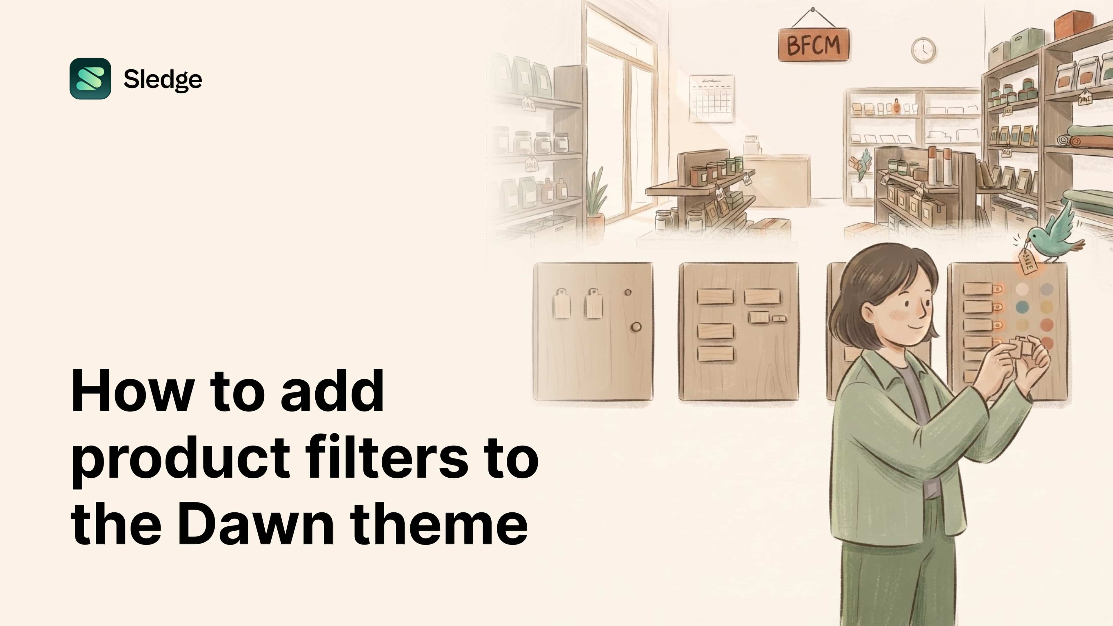 Illustration of a woman pinning filter toggles and color swatch dots onto wooden boards inside a small store.